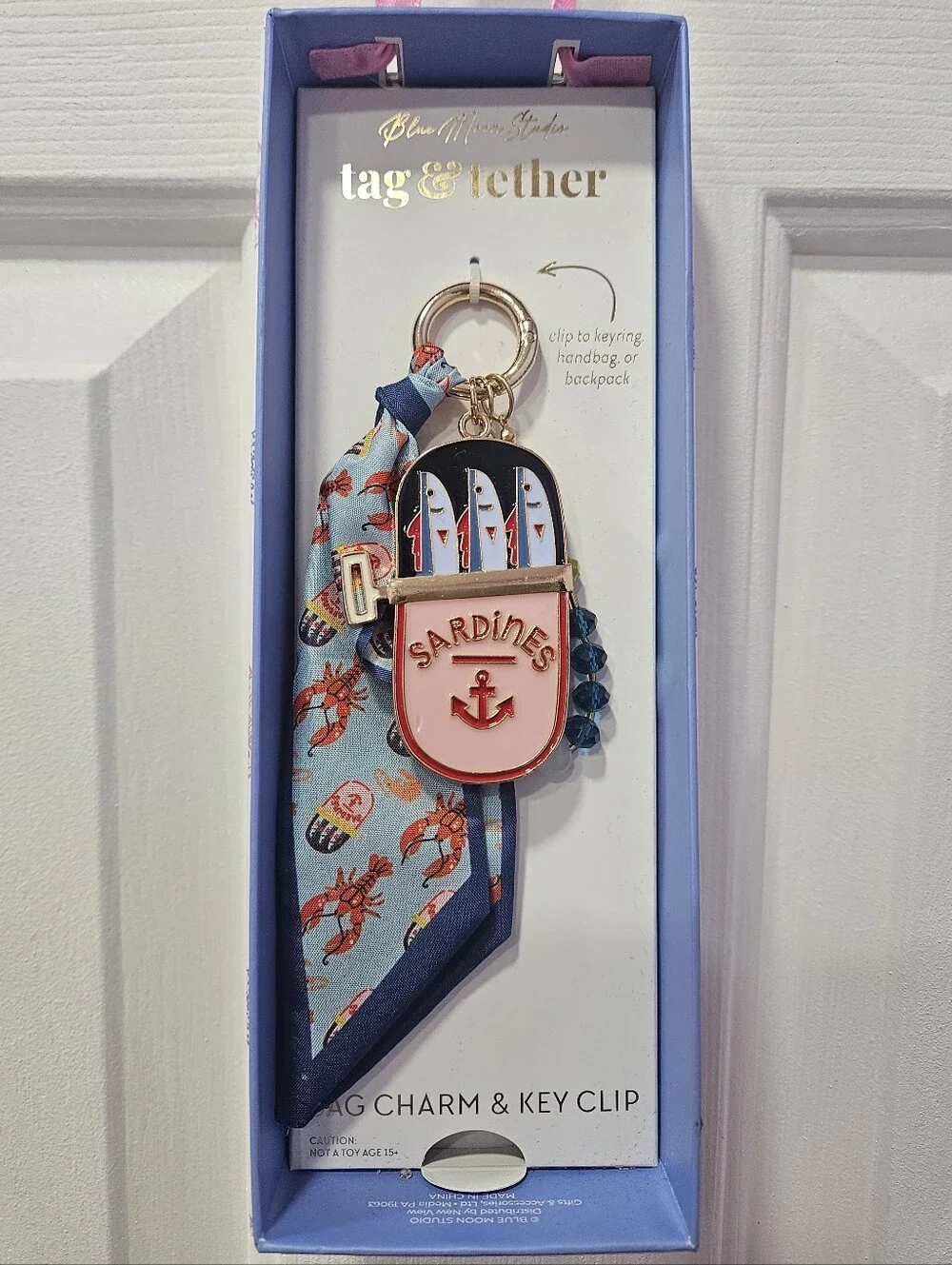 Sardines Bag Charm with Blue Scarf & Beaded Accent